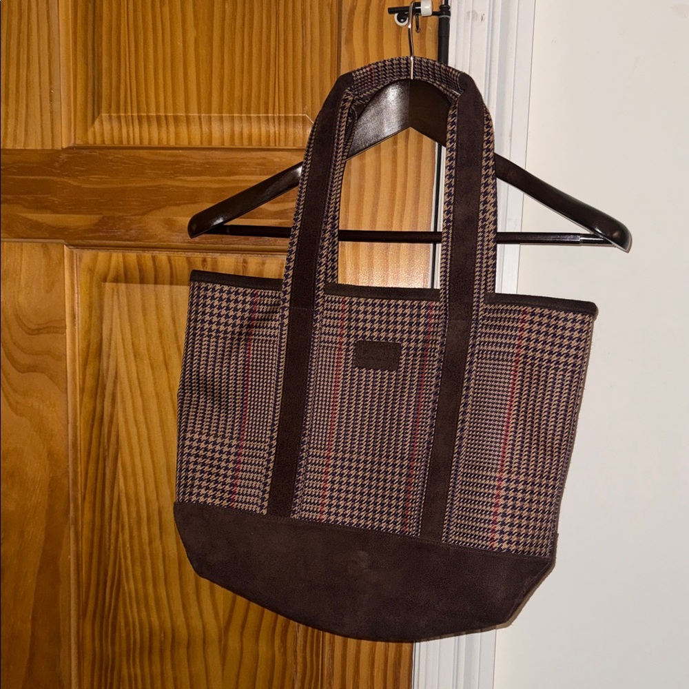 Ralph Lauren Stylish Brown Plaid Tote Bag Brown Suede Accents